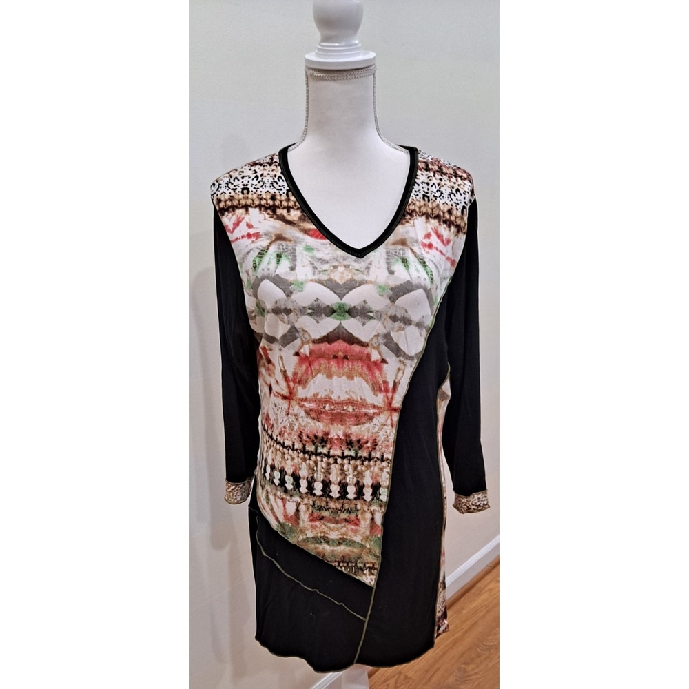 Parsley & Sage Tunic Top Womens Medium Black Multicolor Patchwork Boho Art Shirt